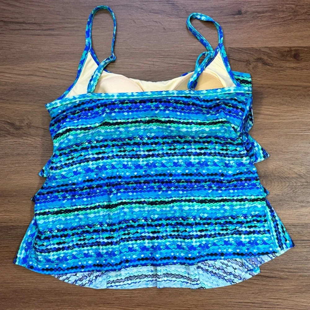 Miraclesuit Blue Geometric Tiered Ruffle Tankini Swim‎ Top Size 14 C6611777